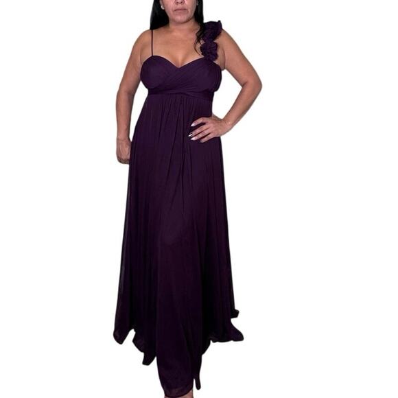 Betsy & Adam Purple Chiffon Evening Gown Size 8 One Shoulder Ruched Floral Strap - Picture 1 of 8